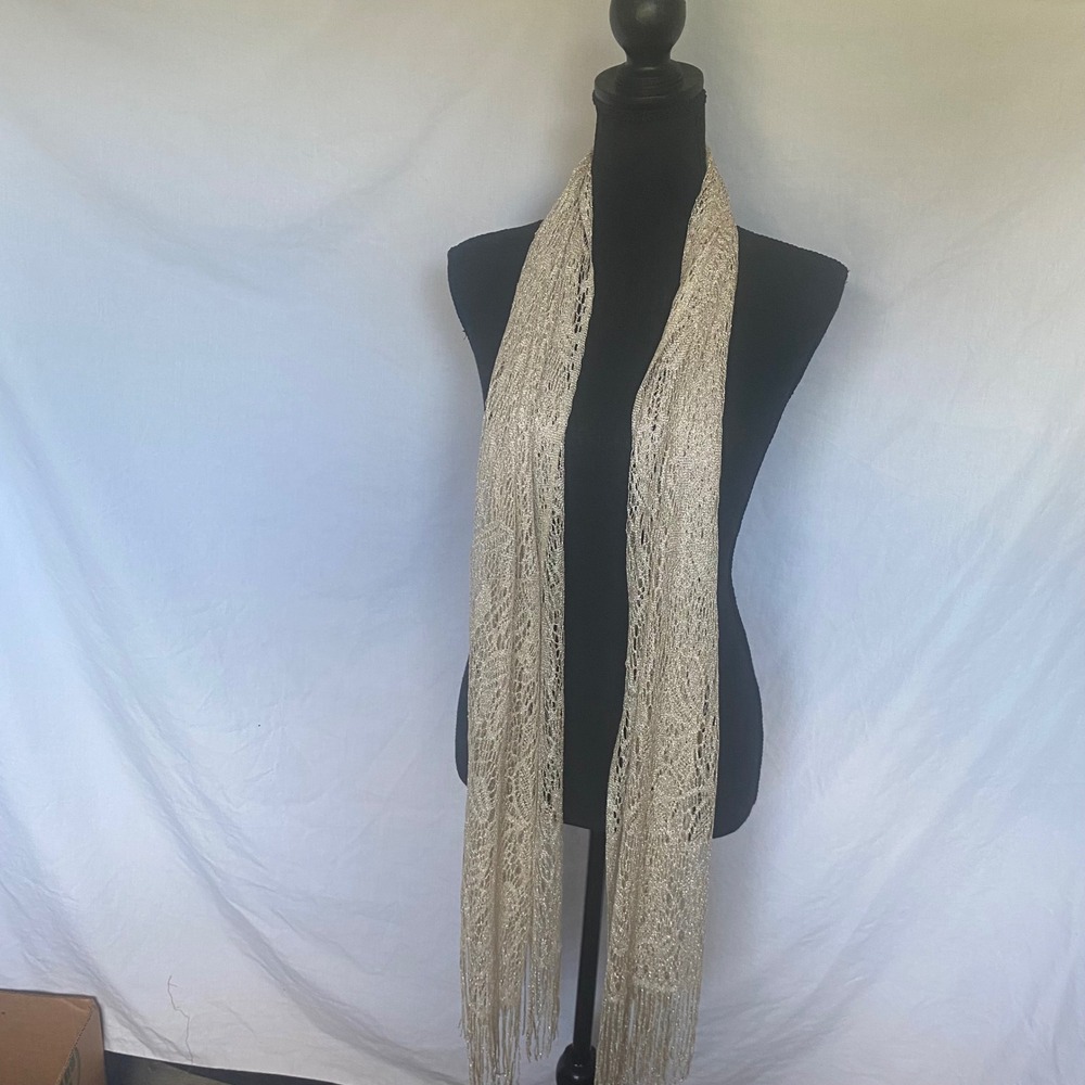 Gold Crochet Scarf Metallic Shimmer Open Knit Fringe Evening Wrap Shawl